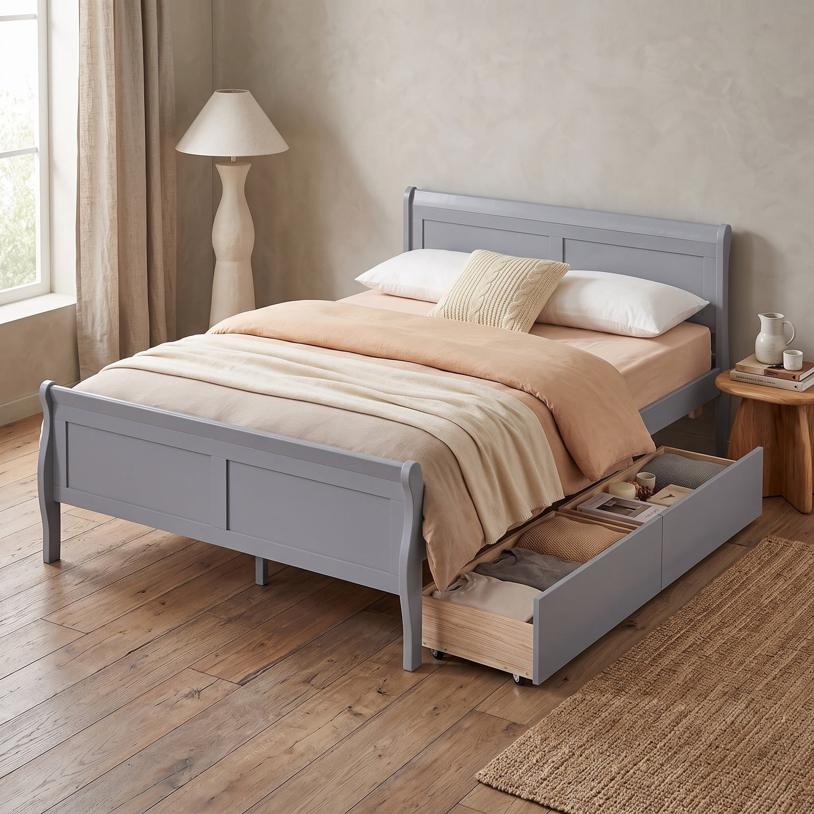 Furnibear Full Size Bed Frame with Storage, Wood Platform Bed with 2 Storage Drawers, Panel Headboard and Footboard, Gray