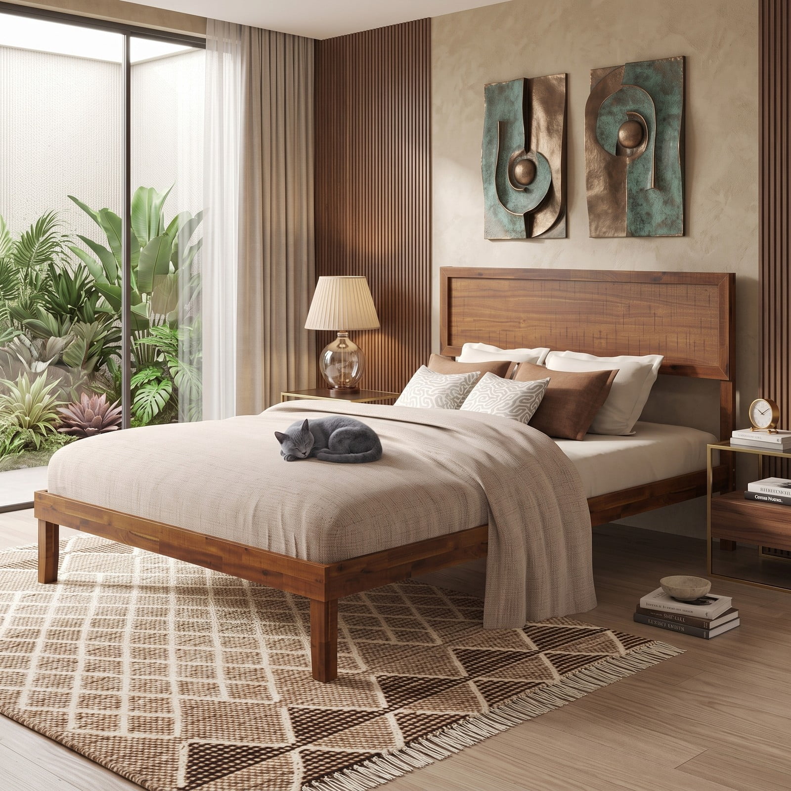 Furnibear Queen Bed Frame with Headboard, Wood Platform Bed Frame with High Panel Headboard and Wooden Slat Support for Bedroom, Walnut