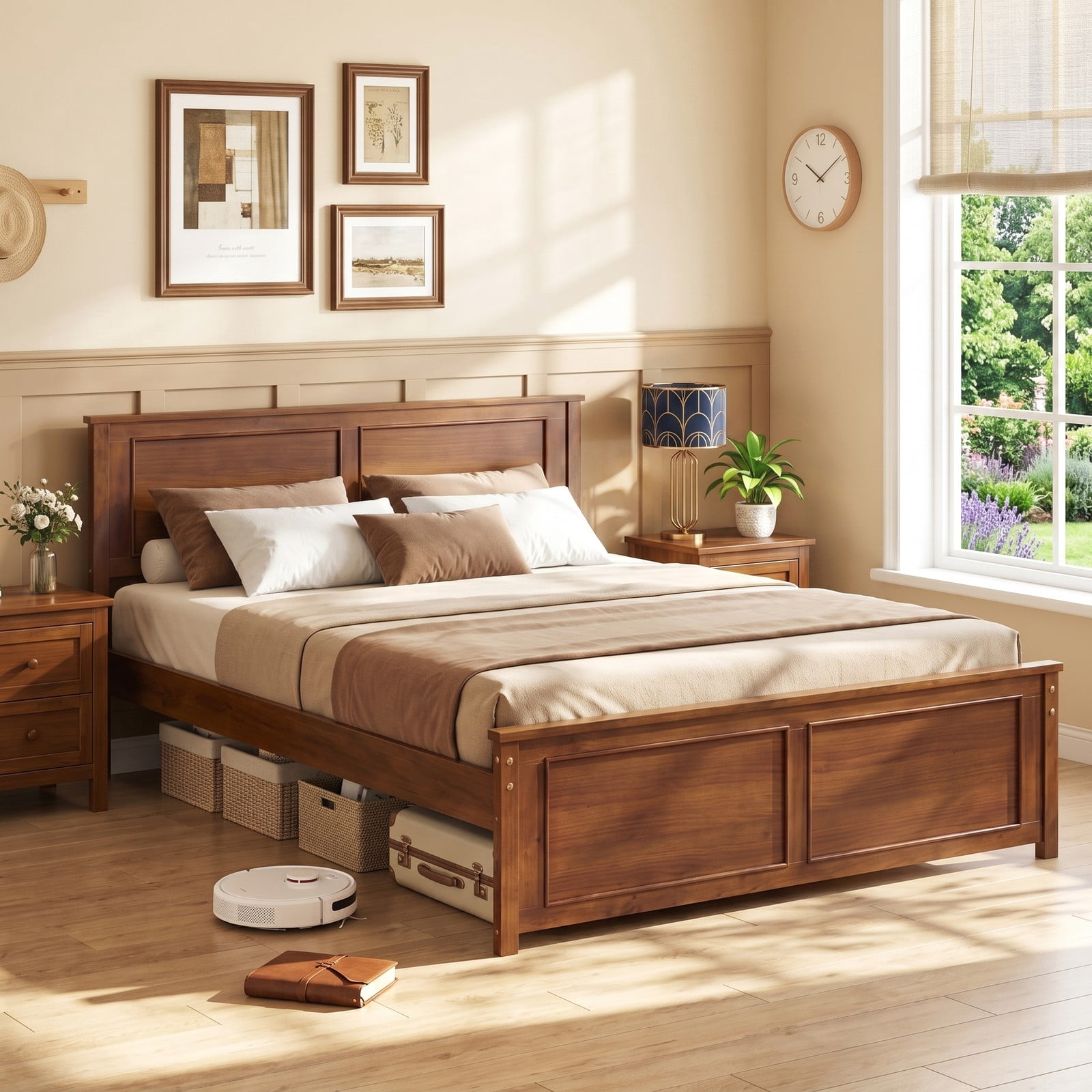 Furnibear Full Size Bed Frame Wood Platform Bed Frame with Raised Panel Headboard and Footboard and Slat Support, Walnut