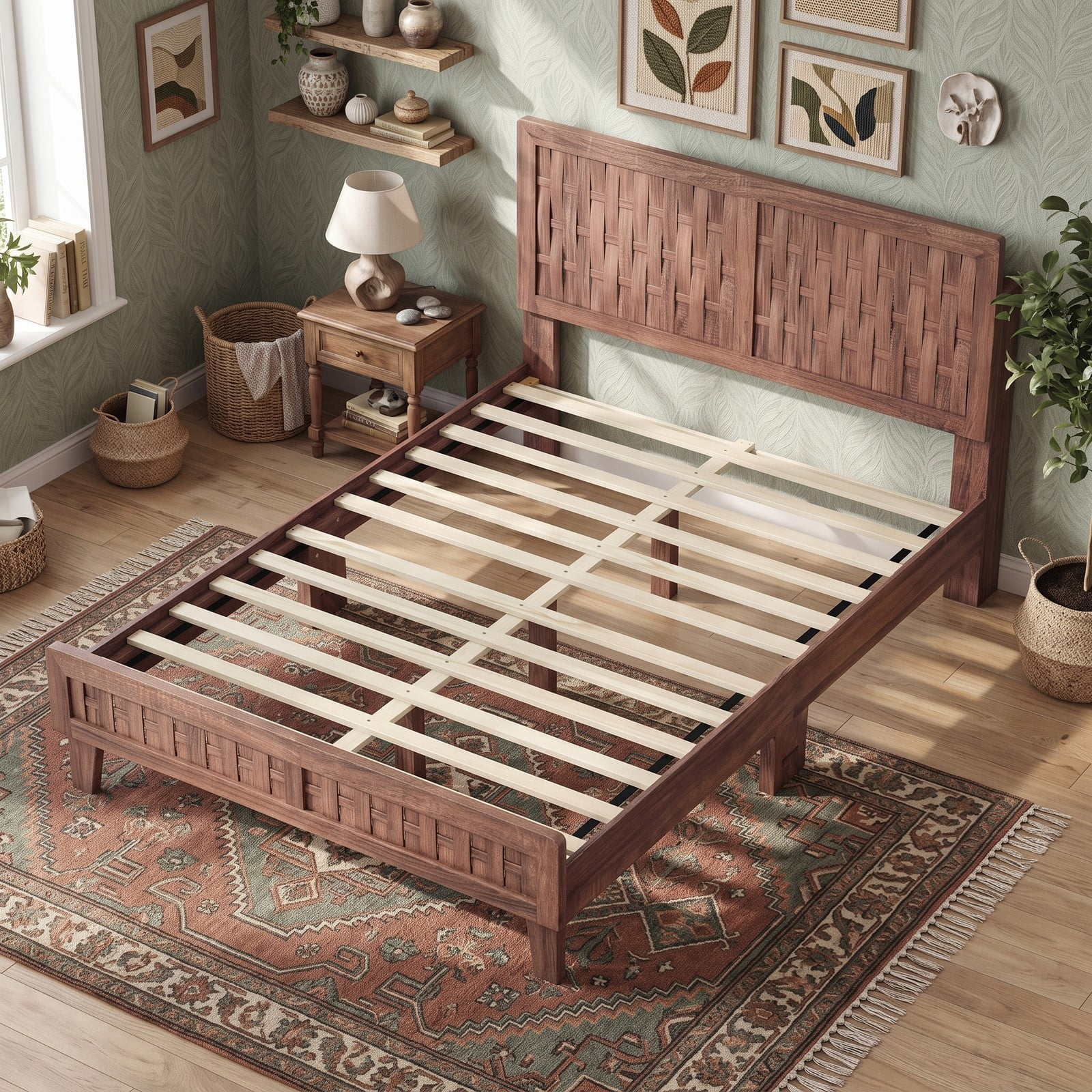Furnibear Full Size Bed Frame Wood Platform Bed Frame with Woven Accent Headboard and Footboard and 12 Plywood Slats, Walnut