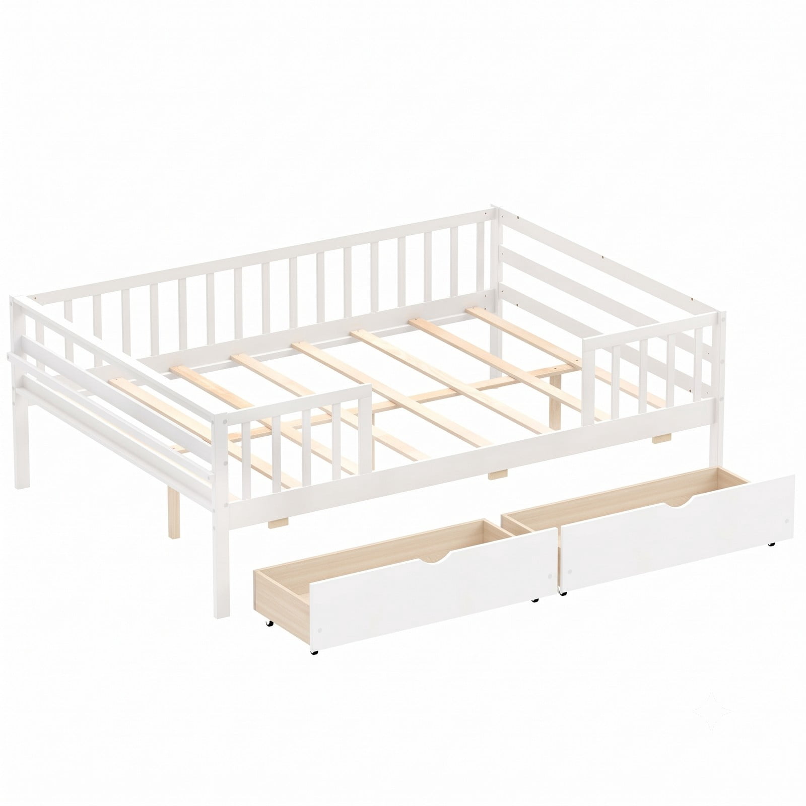 Furnibear Full Size Wood Daybed with Full Fence Rails and 2 Pull-Out Storage Drawers for Kids and Teens Bedroom and Nursery, White