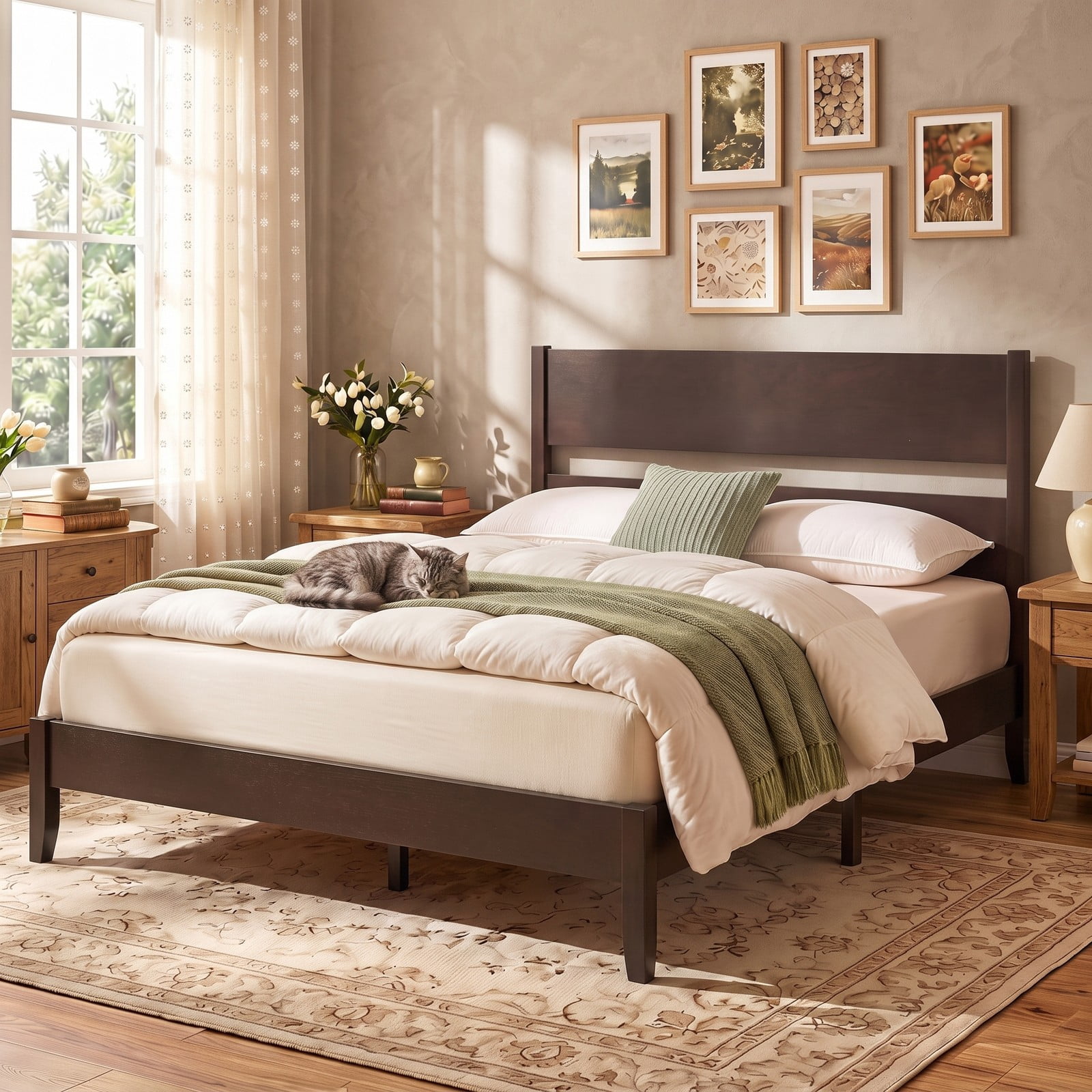 Furnibear Full Size Bed Frame with Panel Headboard, Wood Platform Bed Frame with 12 Slats and Solid Wood Legs for Bedroom, Dark Walnut