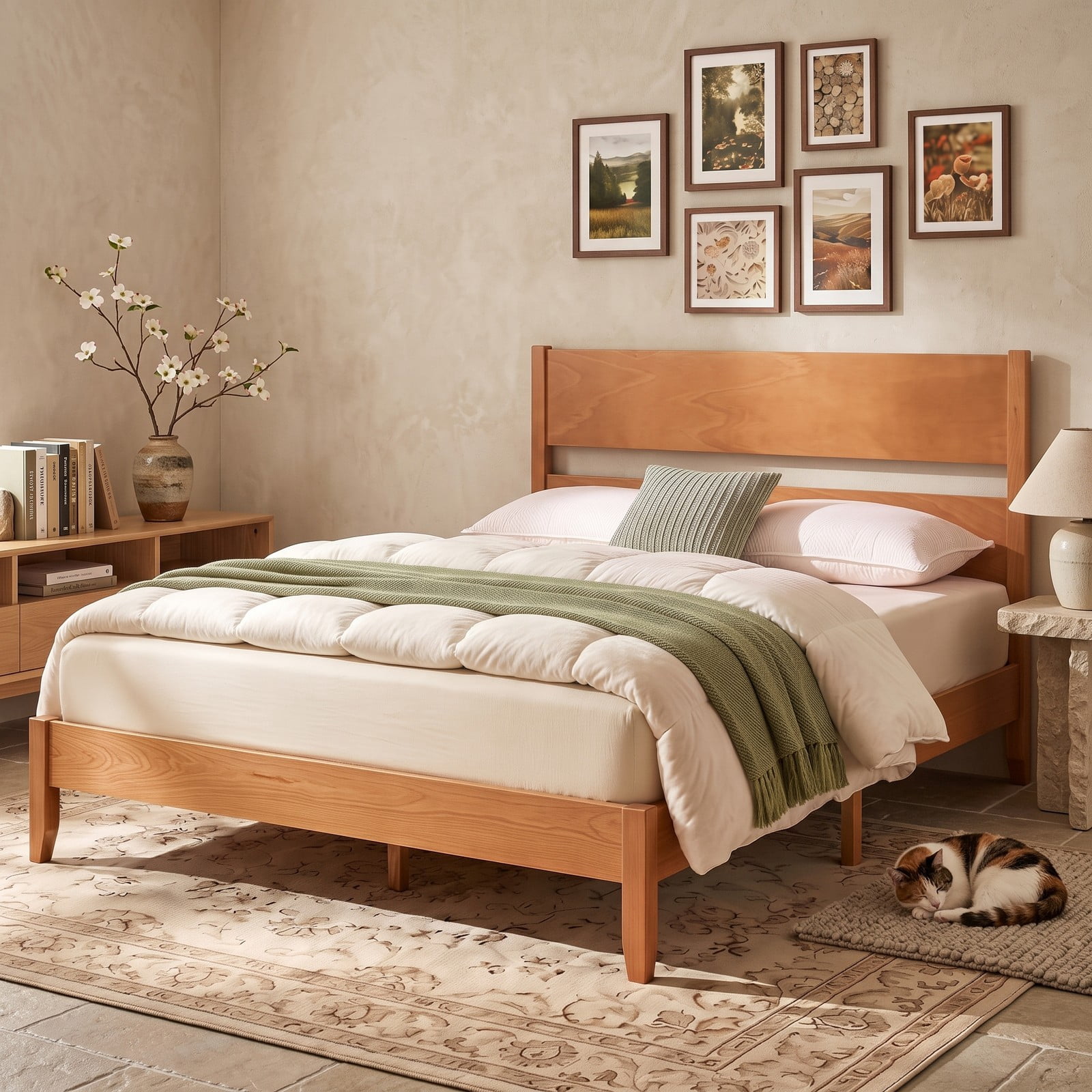 Furnibear Full Size Bed Frame Wood Platform Bed with Panel Headboard, Solid Wood Legs and 12 Slats for Bedroom, Warm Brown