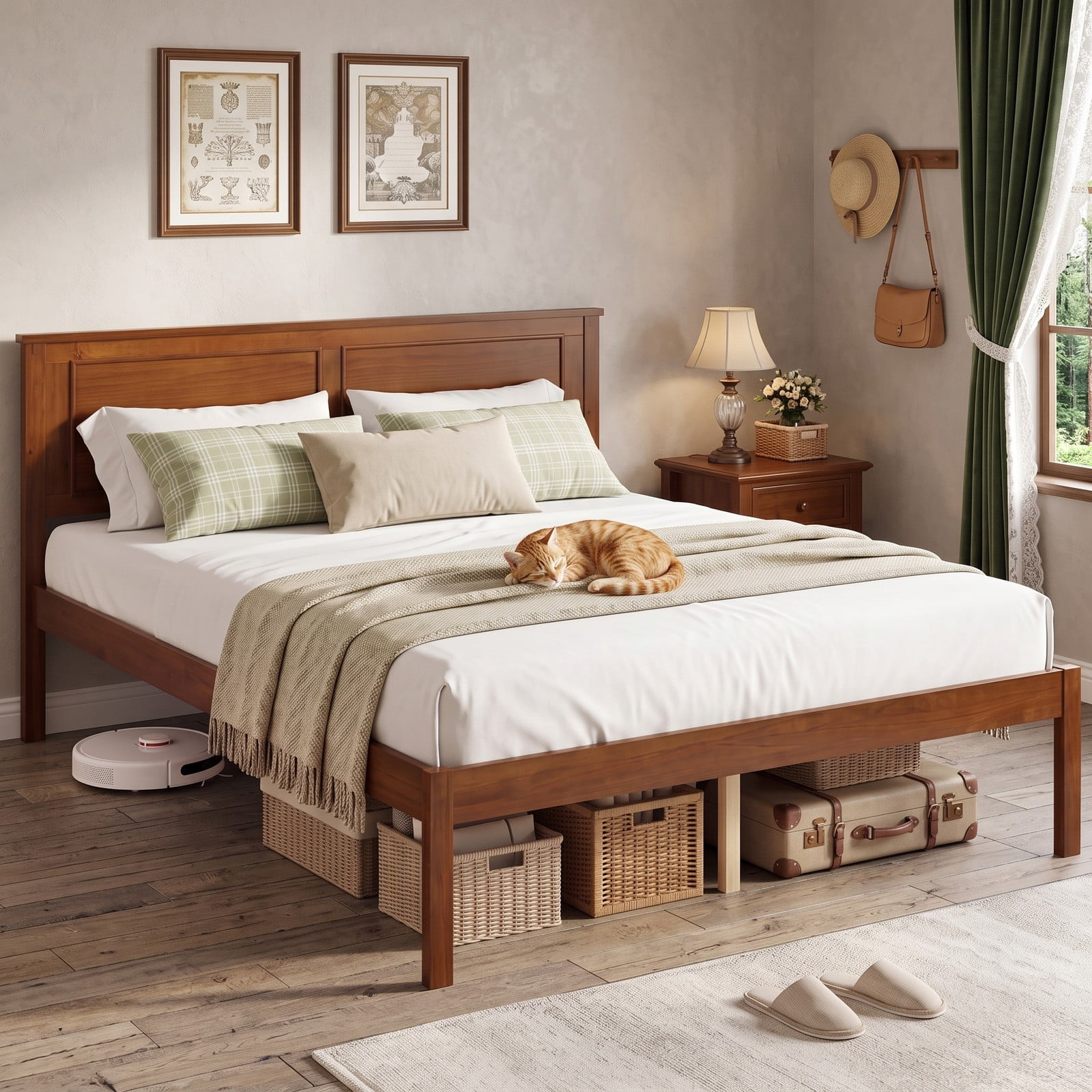 Furnibear Full Size Wood Platform Bed Frame with Paneled Headboard and Plywood Slat Support for Farmhouse Bedroom, Walnut