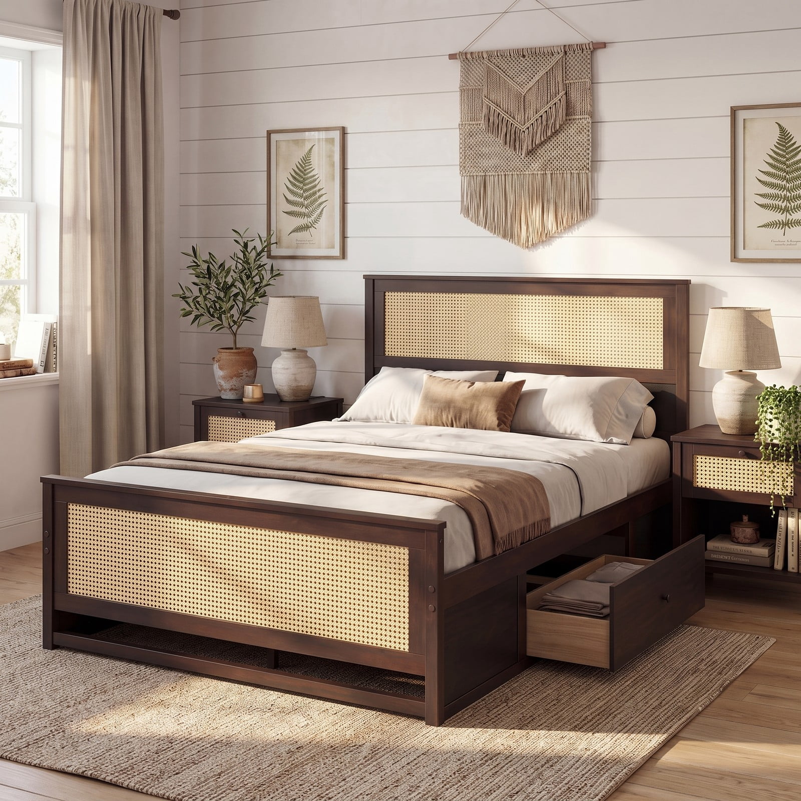 Furnibear Full Size Bed Frame with Storage, Wood Rattan Platform Bed with 2 Drawers and Woven Headboard and Footboard, Rustic Brown