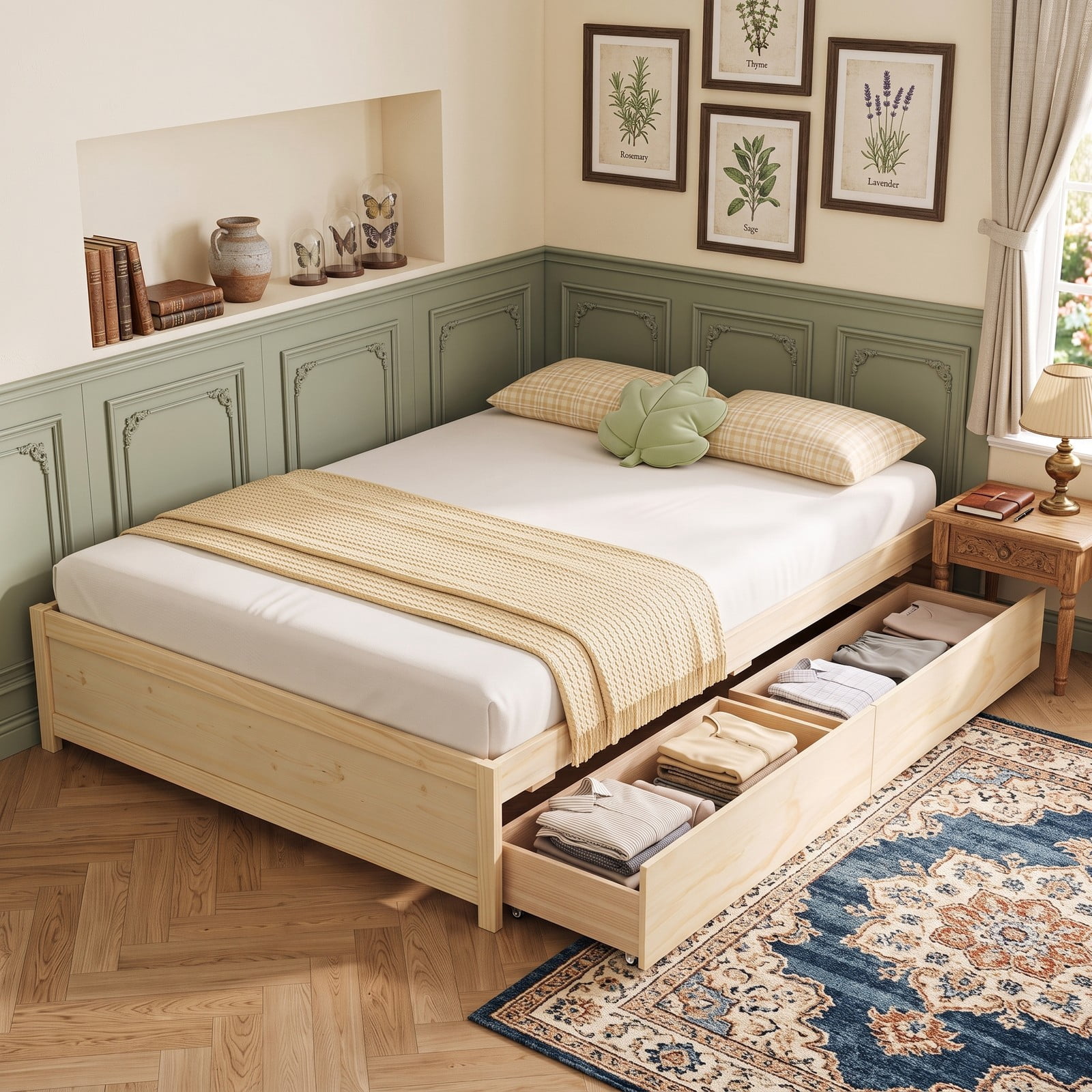 Furnibear Full Size Bed Frame with Storage, Wooden Platform Bed Frame with 2 Rolling Drawers, Full Bed Frame No Box Spring, Natural