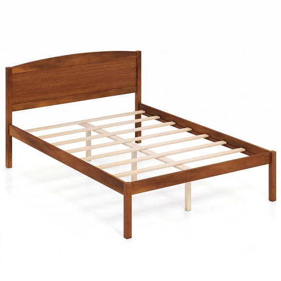 Furnibear Full Size Bed Frame with Curved Arched Headboard, Wood Platform Bed Frame with 8 Slats for Bedroom and Guest Room, Walnut