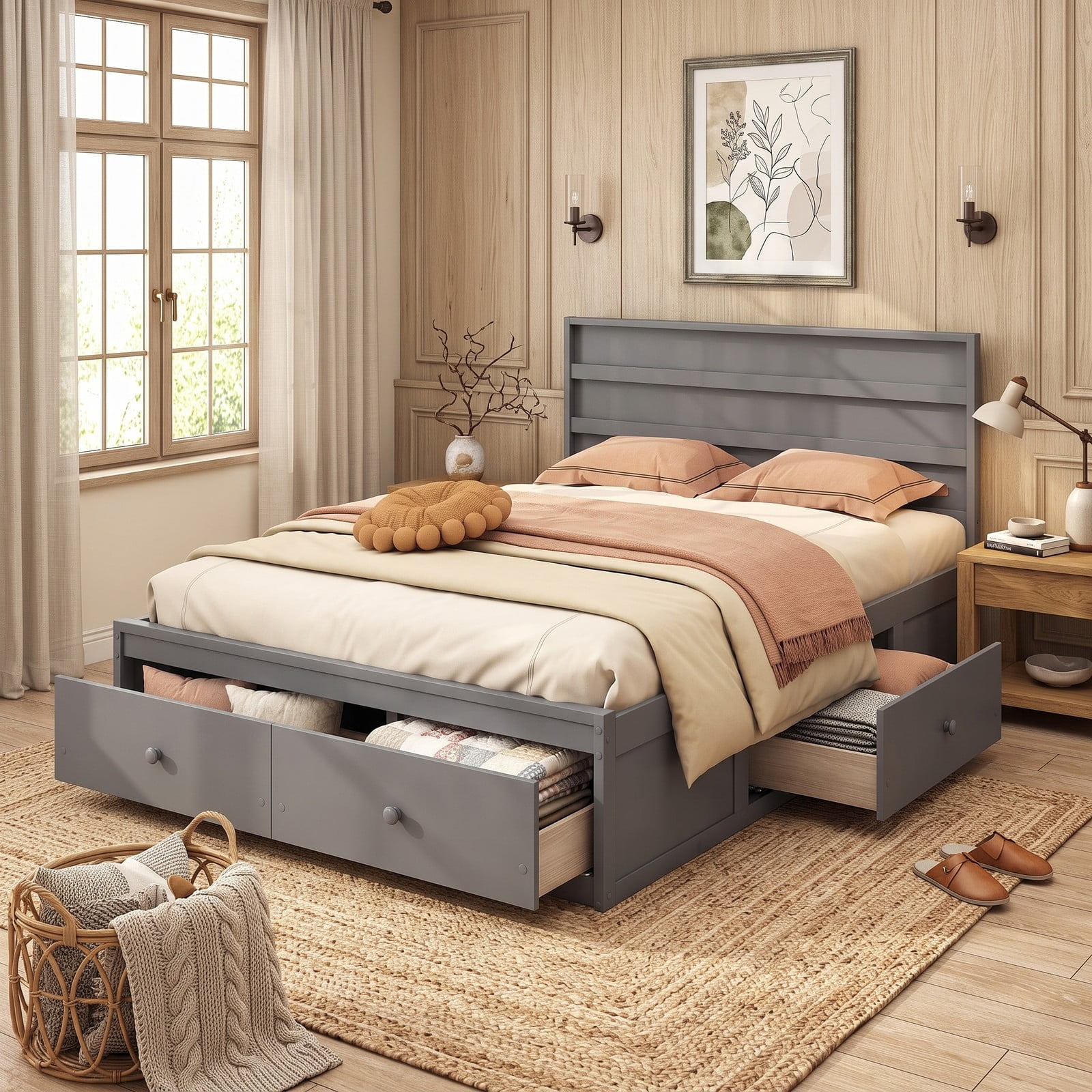 Furnibear Full Size Bed Frame with Storage, Wooden Platform Bed with Plank Headboard and 2 Storage Drawers, Gray