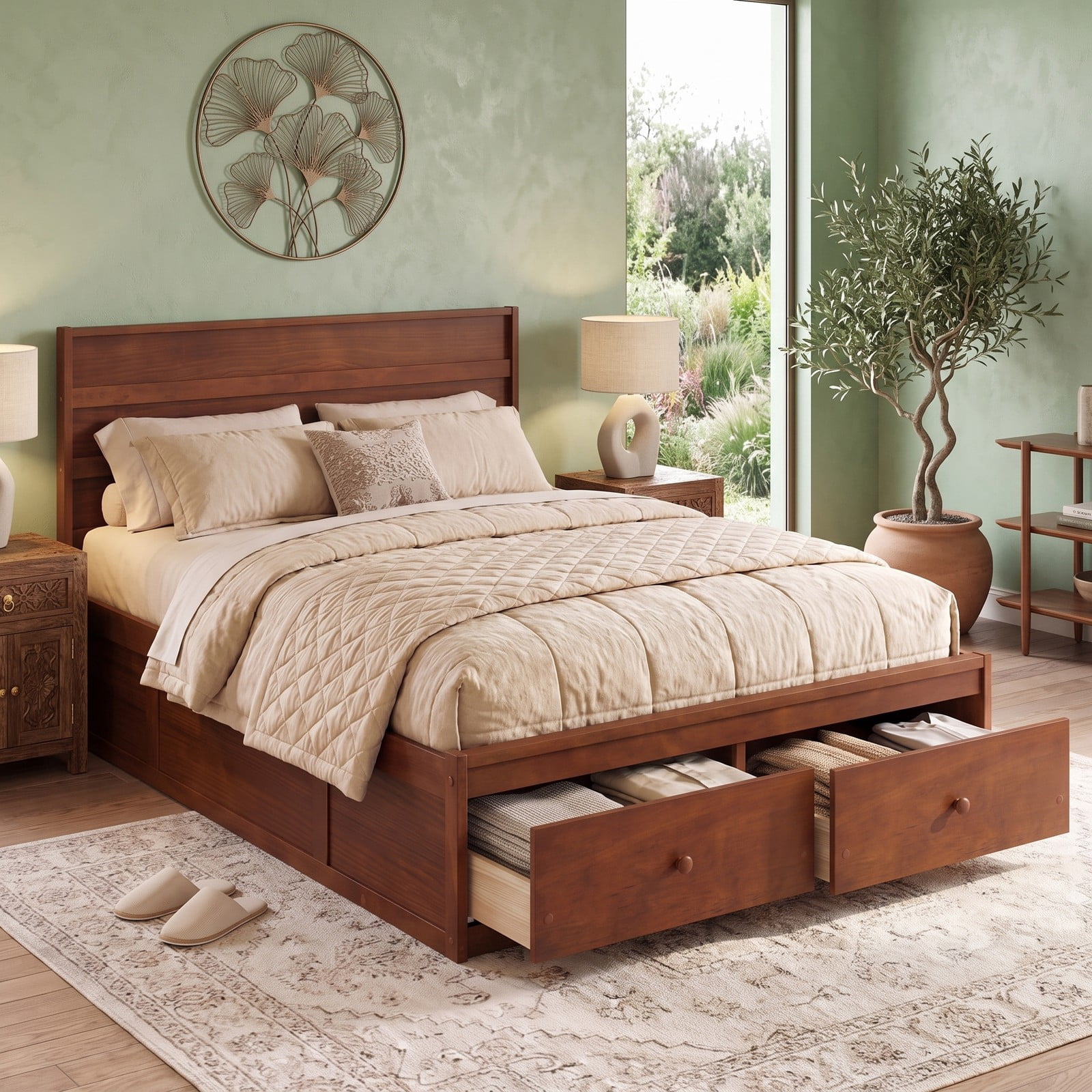 Furnibear Full Size Bed Frame with Storage, Wooden Platform Bed with Plank Headboard and 2 Storage Drawers, Walnut