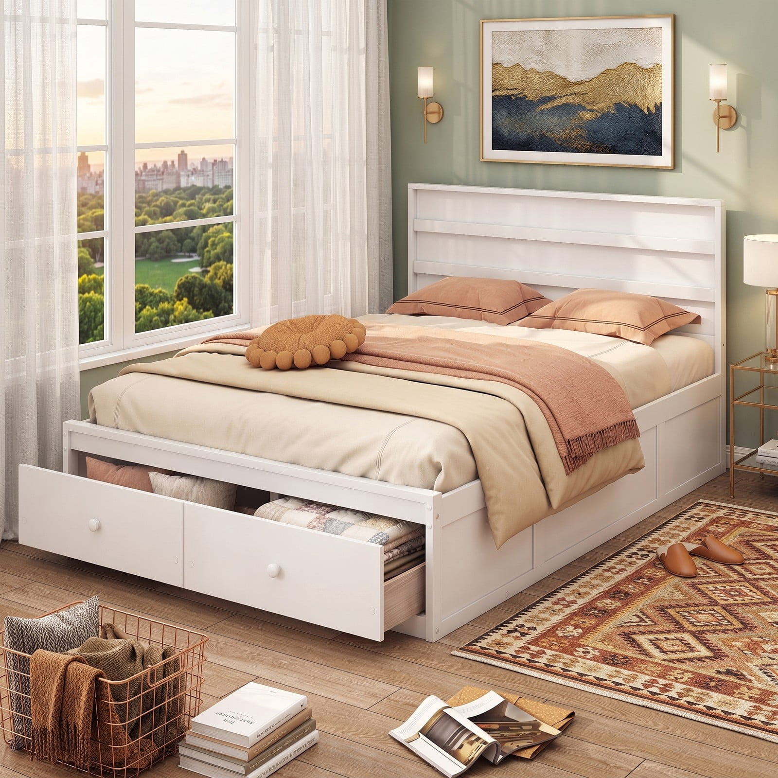 Furnibear Full Size Bed Frame with 2 Storage Drawers, Wood Platform Bed Frame with Plank Headboard for Bedroom and Guest Room, White
