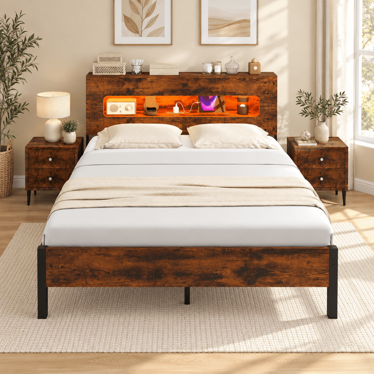 Furnibear Full Size Bed Frame, Slatted Platform Bed Frame with LED Lights, Full Bed Frame with Storage Headboard for Bedroom, Rustic Brown and Black