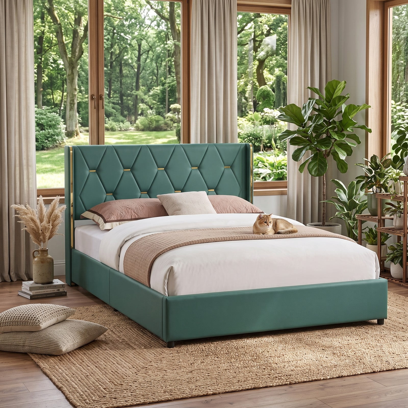 Furnibear Queen Bed Frame with Storage, Upholstered Platform Bed with High Headboard, 4 Storage Drawers and Gold Trim, No Box Spring Needed, Green