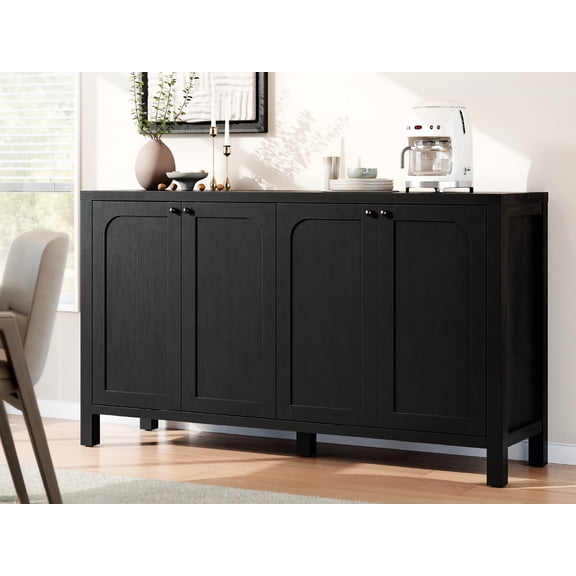 Furnibear Sideboard Buffet Cabinet with 4 Doors, Modern Credenza with Doors, Heavy-Duty Wood TV Media Console Table for Living Room, Hallway & Entryway,Black