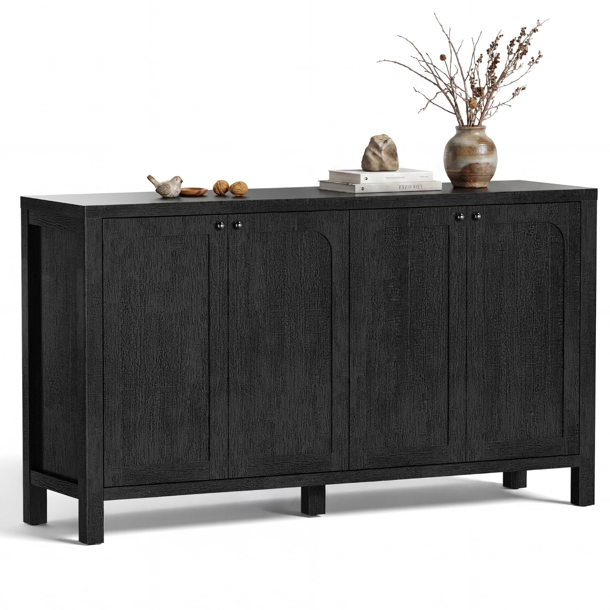 Furnibear Sideboard Buffet Cabinet with 4 Doors, Modern Credenza with Doors, Heavy-Duty Wood TV Media Console Table for Living Room, Hallway & Entryway, Black