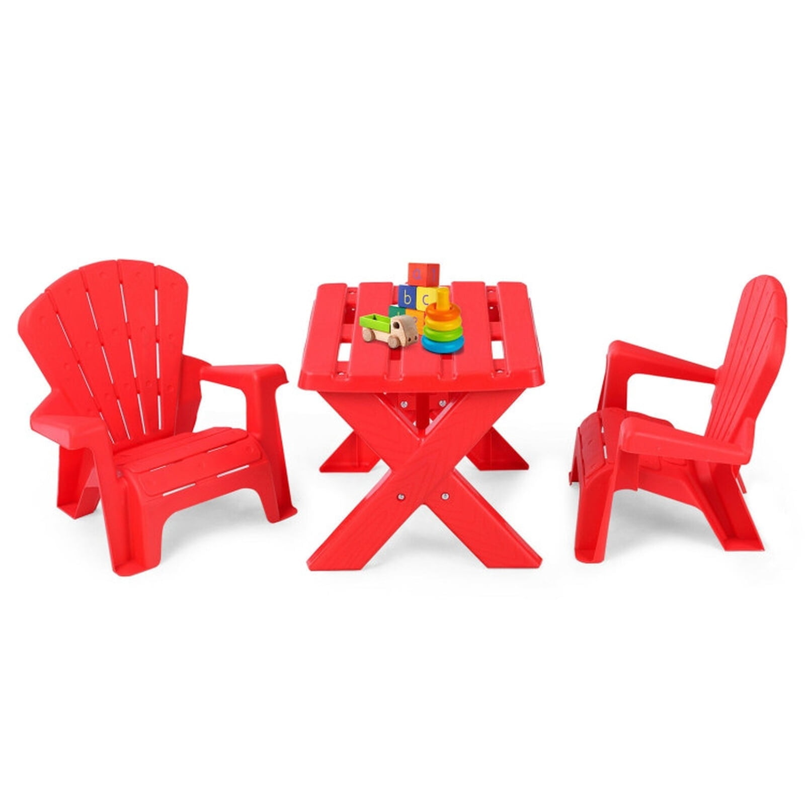 Furnibear 3-Piece Plastic Kids Table and Chair Set with Durable PP Build for Playroom and Outdoor Childrens Activity Table with 2 Chairs, Red