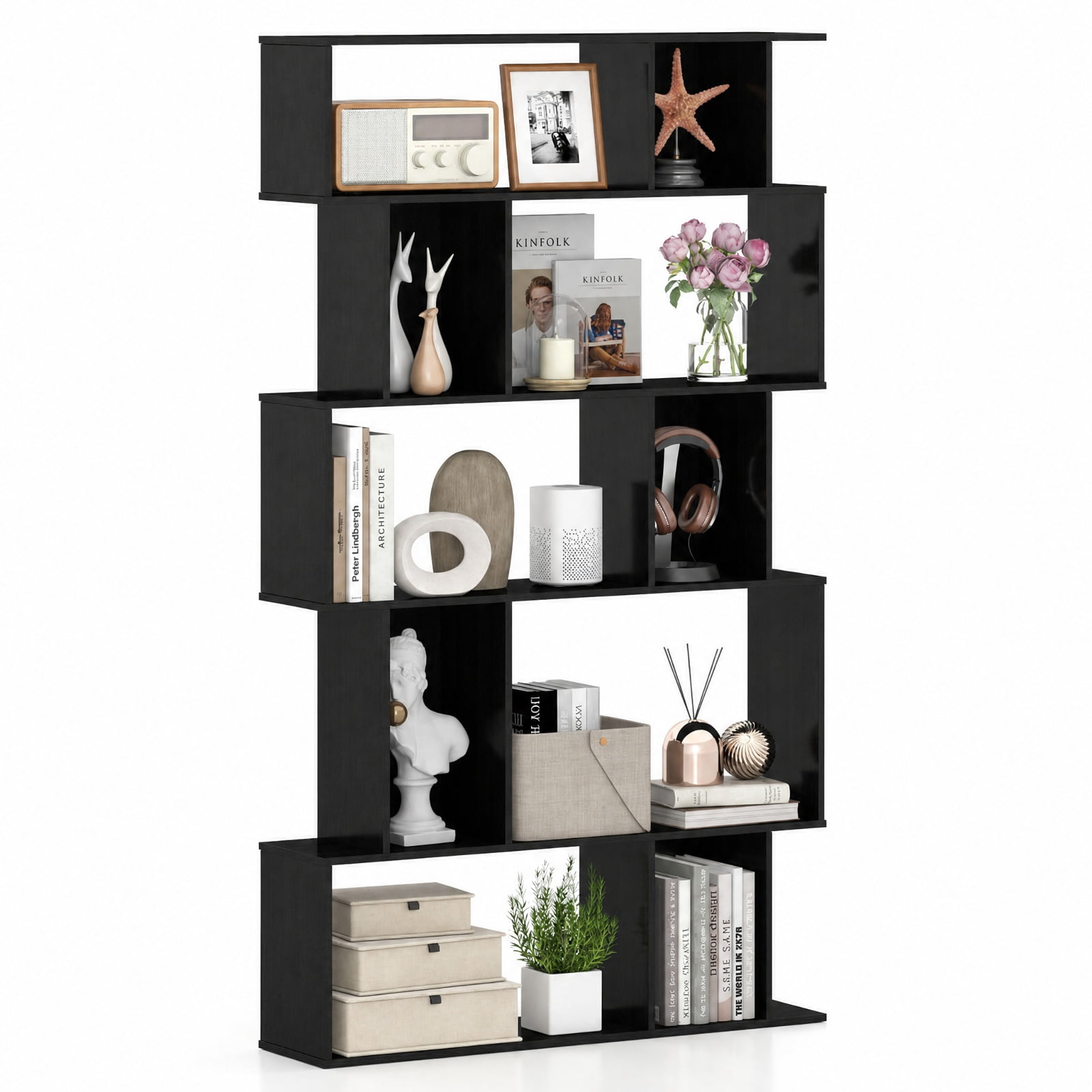 Furnibear Geometric Bookshelf 5-Tier Bookcase with Open Shelves and Closed-back Cubes for Living Room Home Office Bedroom Display Storage Shelf, Black