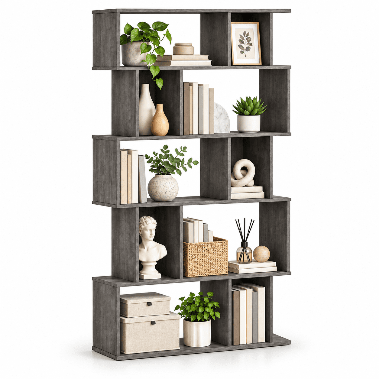 Furnibear 5 Tier Tall Bookshelf Bookcase with Open Shelves and Closed-Back Cube Storage for Living Room Home Office and Bedroom, Oak
