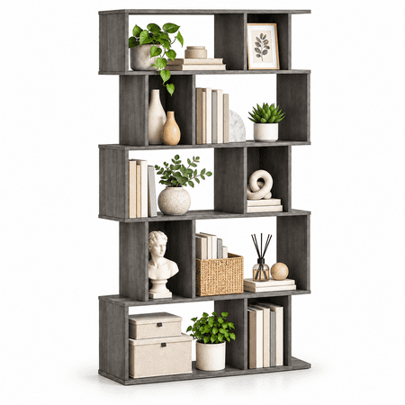 Furnibear 5 Tier Tall Bookshelf Bookcase with Open Shelves and Closed-Back Cube Storage for Living Room Home Office and Bedroom, Oak
