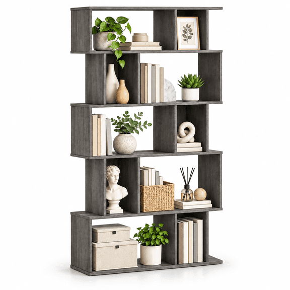 Furnibear 5 Tier Tall Bookshelf Bookcase with Open Shelves and Closed-Back Cube Storage for Living Room Home Office and Bedroom, Oak
