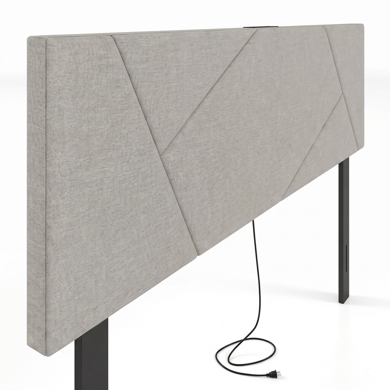 Furnibear Geometric Channel Upholstered Headboard with 2 AC Outlets and USB and Type-C Ports for Full and Queen Beds, Gray