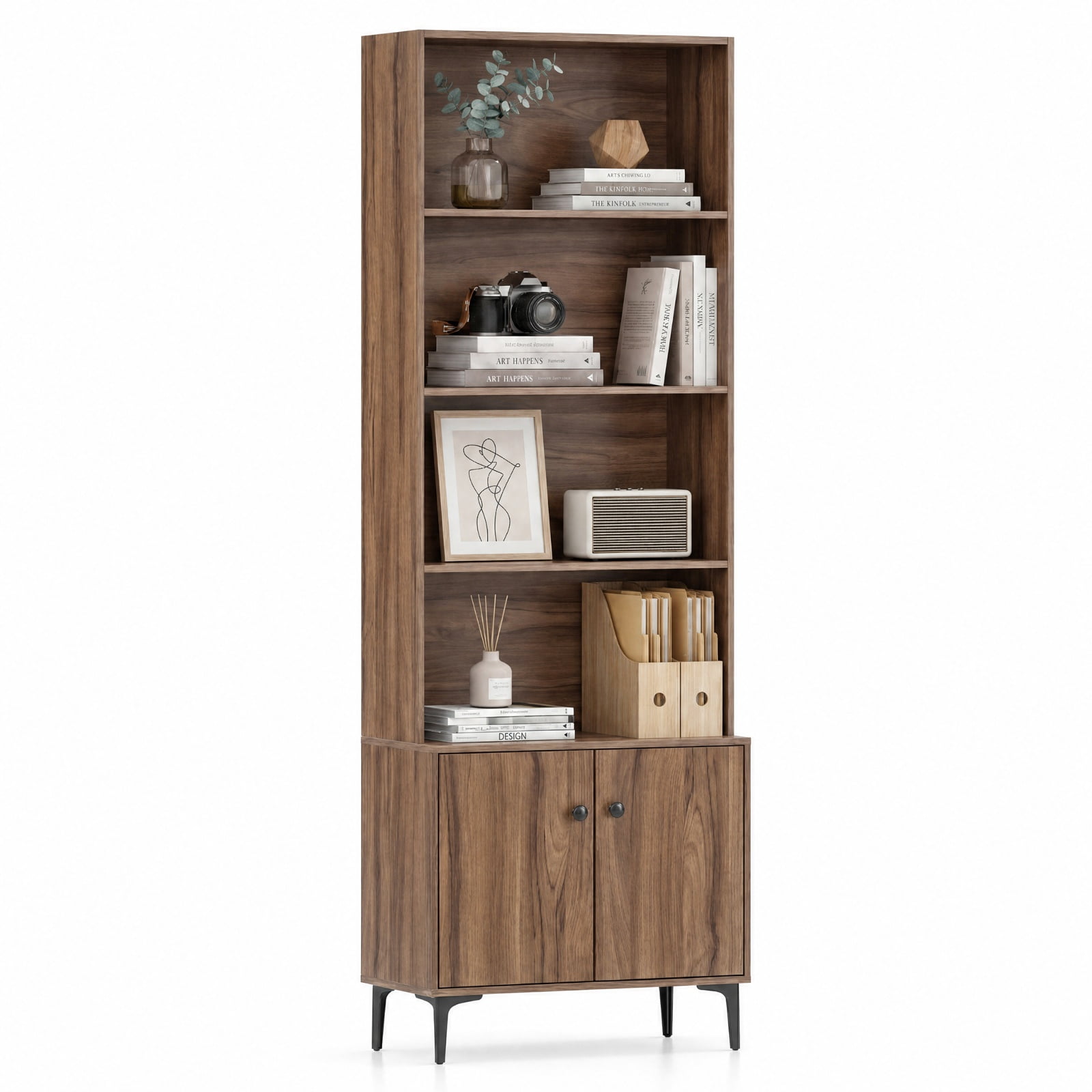 Furnibear Giantex Bookshelf with Doors and 2 Anti-Tipping Kits for Home Office for Living Room Home Office Bedroom Display Storage Shelf, Walnut