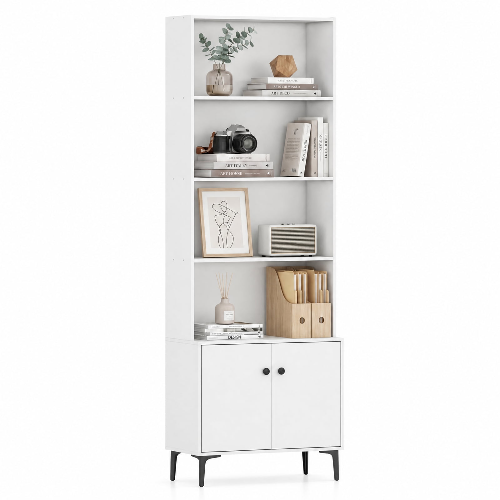 Furnibear Giantex Bookshelf with Doors and 2 Anti-Tipping Kits for Home Office for Living Room Home Office Bedroom Display Storage Shelf, White