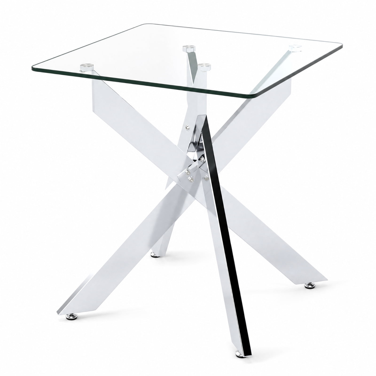 Furnibear Glass Side Table Square End Table with Tempered Glass Top and Metal X Base for Living Room Bedroom and Sofa Side, Silver