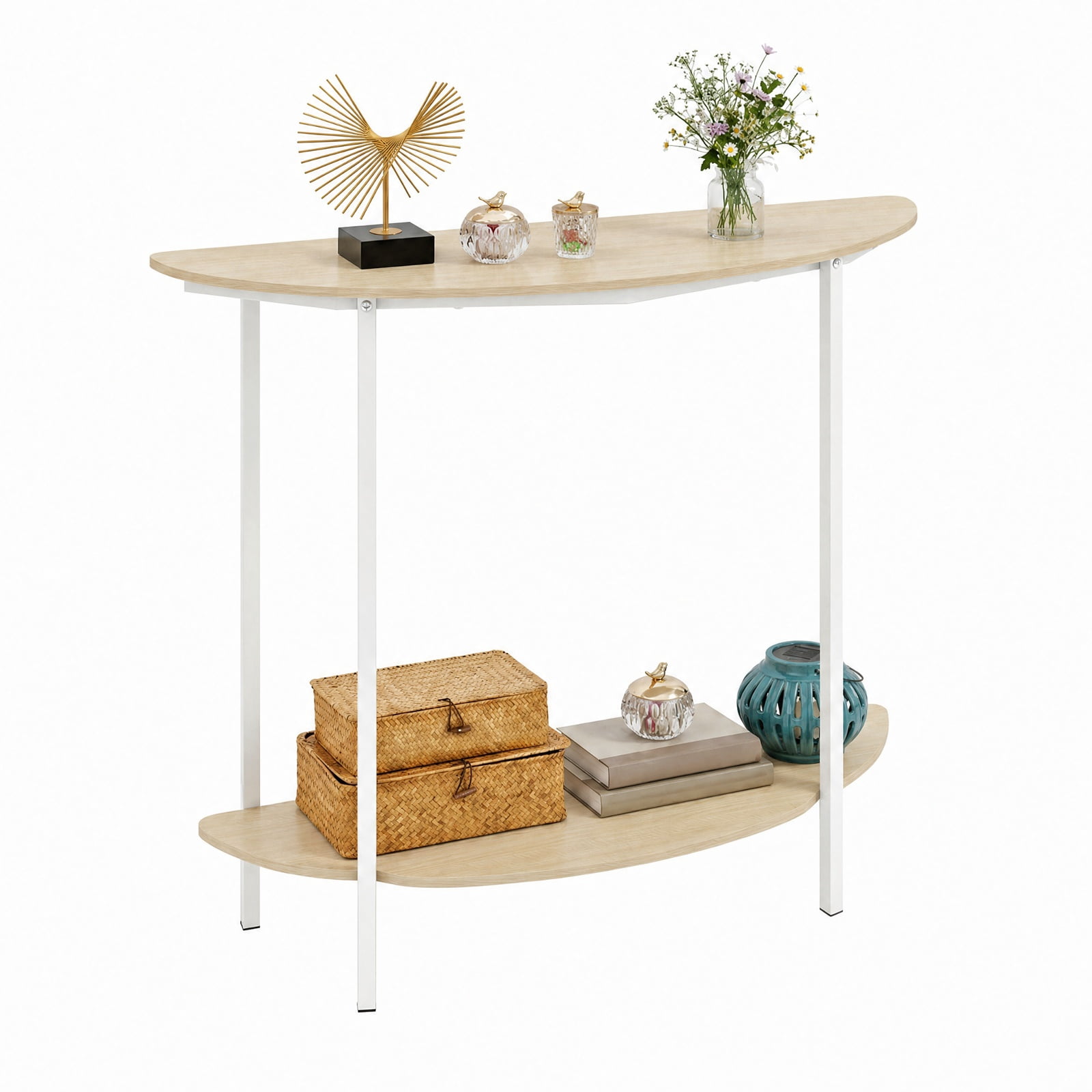 Furnibear Half Moon Console Table 40 Inch 2 Tier Entryway Table with Storage Shelf and Metal Frame for Foyer Hallway and Living Room, Oak