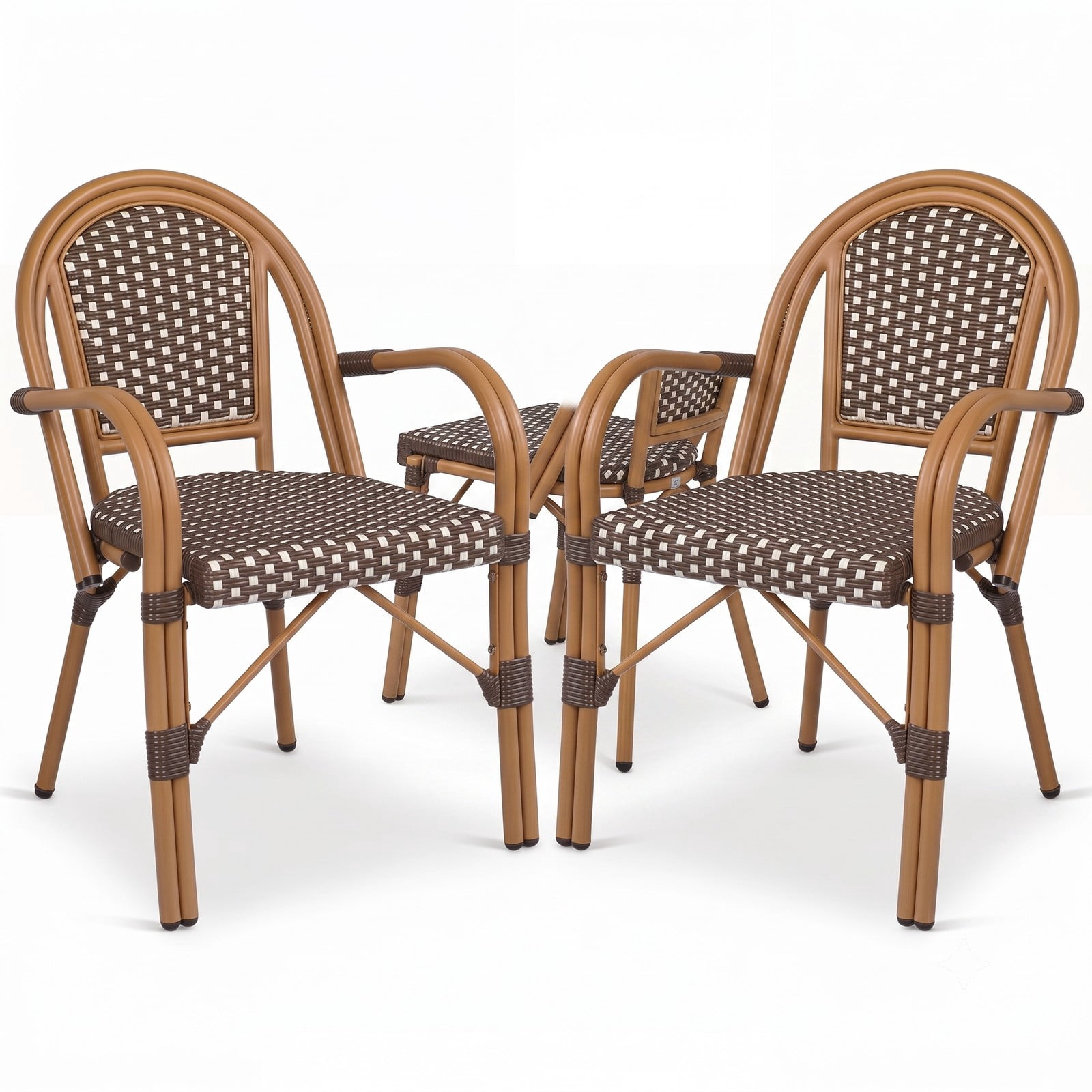 Furnibear Hand-Woven PE Wicker Outdoor French Bistro Chairs, Set of 2 Patio Dining Chairs with Galvanized Metal Frame, 400 lbs Capacity, Weather-Resistant, Brown