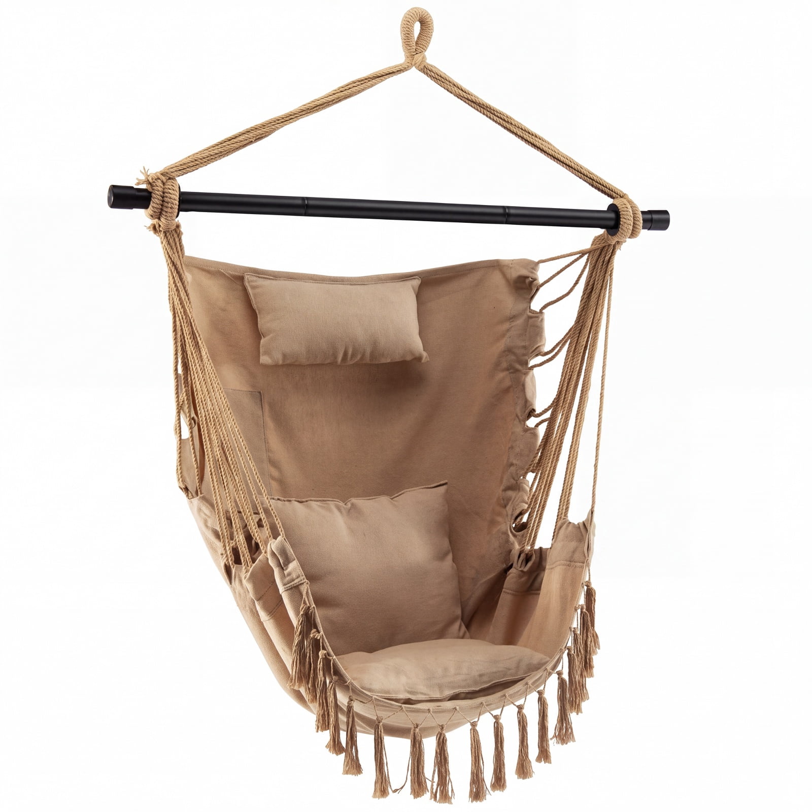 Furnibear Hanging Rope Swing Chair with Soft Pillow Two Removable Cushions Tassel Trim and Side Pocket for Patio Porch and Bedroom, Beige