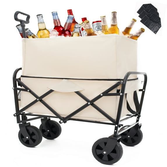 Furnibear Heavy-Duty Folding Wagon Cart with All-Terrain Wheels | Includes 3 Liner Bags | for Camping, Beach, Grocery,Off-White
