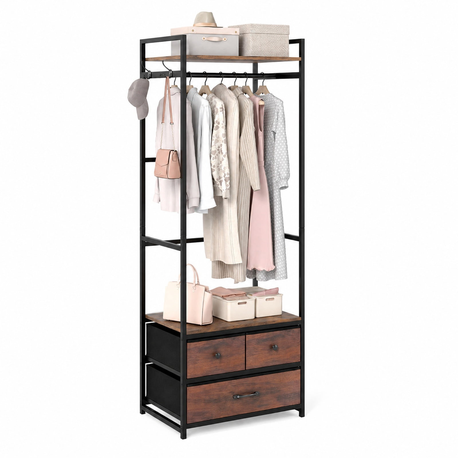 Furnibear Heavy Duty Metal Clothes Rack with 3 Fabric Drawers Top Shelf Hanging Rod and Side Hooks Industrial Garment Rack for Bedroom, Rustic Brown