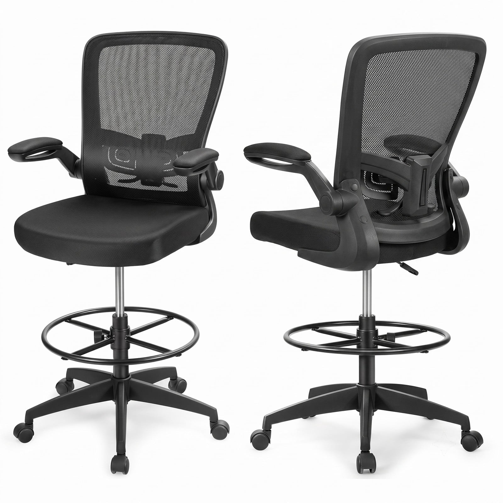 Furnibear Height Adjustable Drafting Chair with Flip-Up Arms, Ergonomic Mesh Back Rolling Task Office Chair with Foot Ring and Adjustable Lumbar Support for, Black