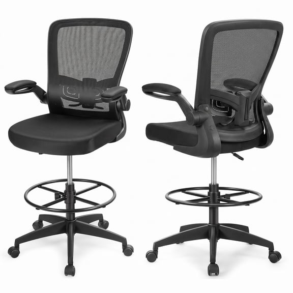 Furnibear Height Adjustable Drafting Chair with Flip-Up Arms, Ergonomic Mesh Back Rolling Task Office Chair with Foot Ring and Adjustable Lumbar Support for, Black