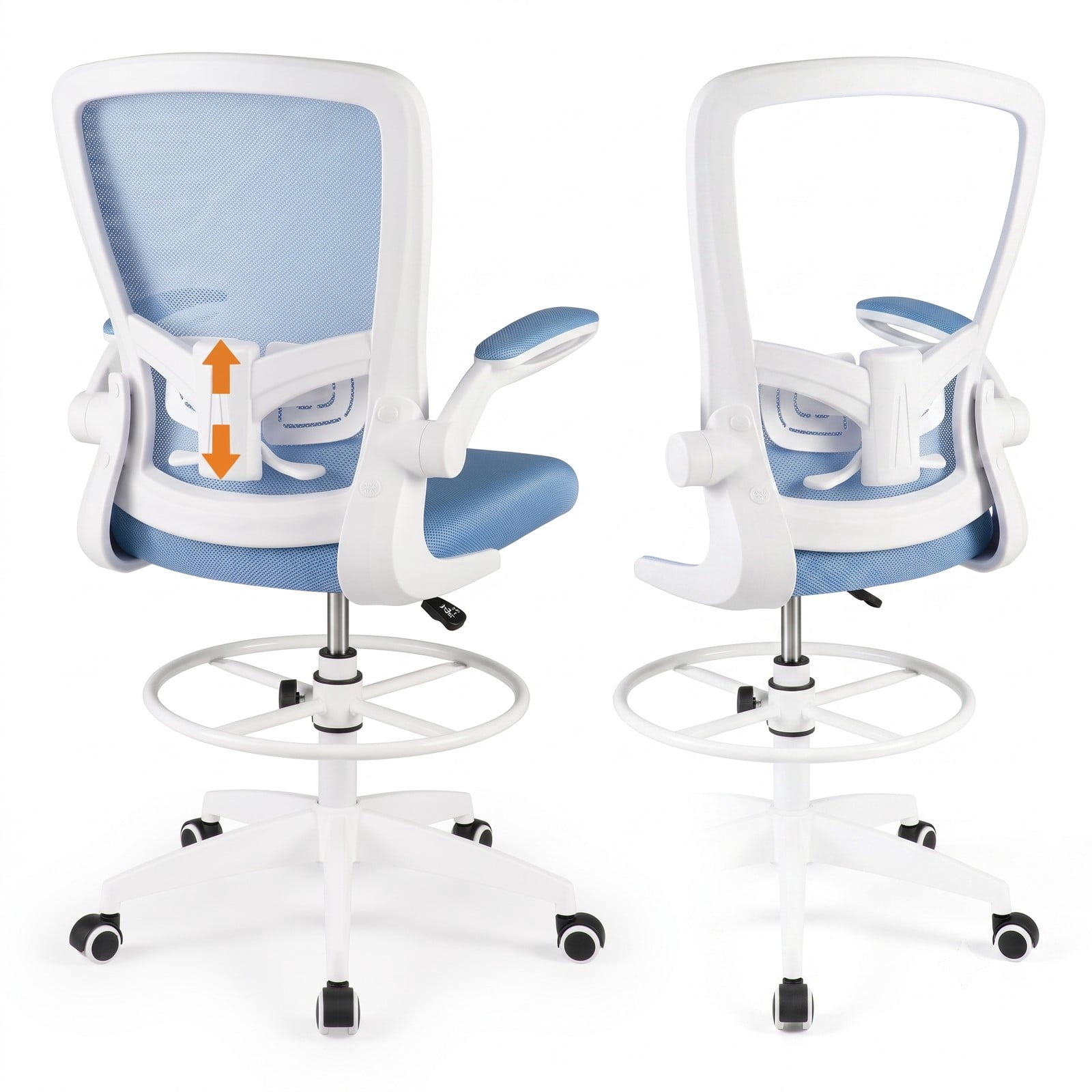 Furnibear Height Adjustable Drafting Chair with Flip-Up Arms for Home Office, Ergonomic Mesh Back Rolling Task Chair with Foot Ring and Lumbar Support, 360, Blue