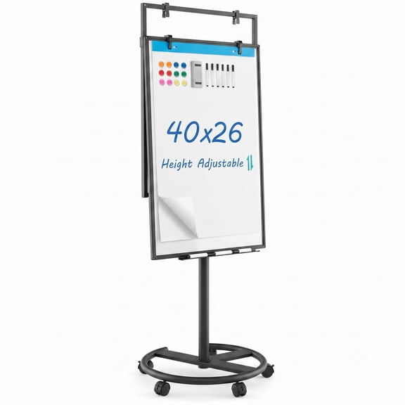 Furnibear Height-Adjustable Mobile Magnetic Whiteboard with Round Rolling Base and Flipchart Paper Clips for Office and School, Black