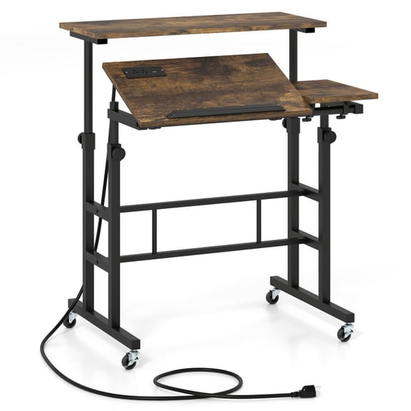Furnibear Height Adjustable Mobile Standing Desk with Power Outlets Tilting Tabletop Rolling Laptop Cart and Wheels for Home Office, Rustic Brown