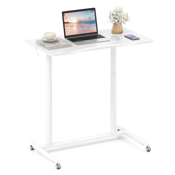 Furnibear Height Adjustable Sit-to-Stand Rolling Computer Desk with Lockable Casters and Steel Frame, White