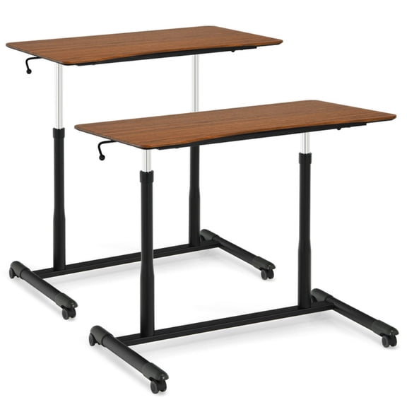 Furnibear Height Adjustable Sit to Stand Rolling Laptop Desk with Dual Gas Rods, Lockable Casters and Curved Tabletop Brown
