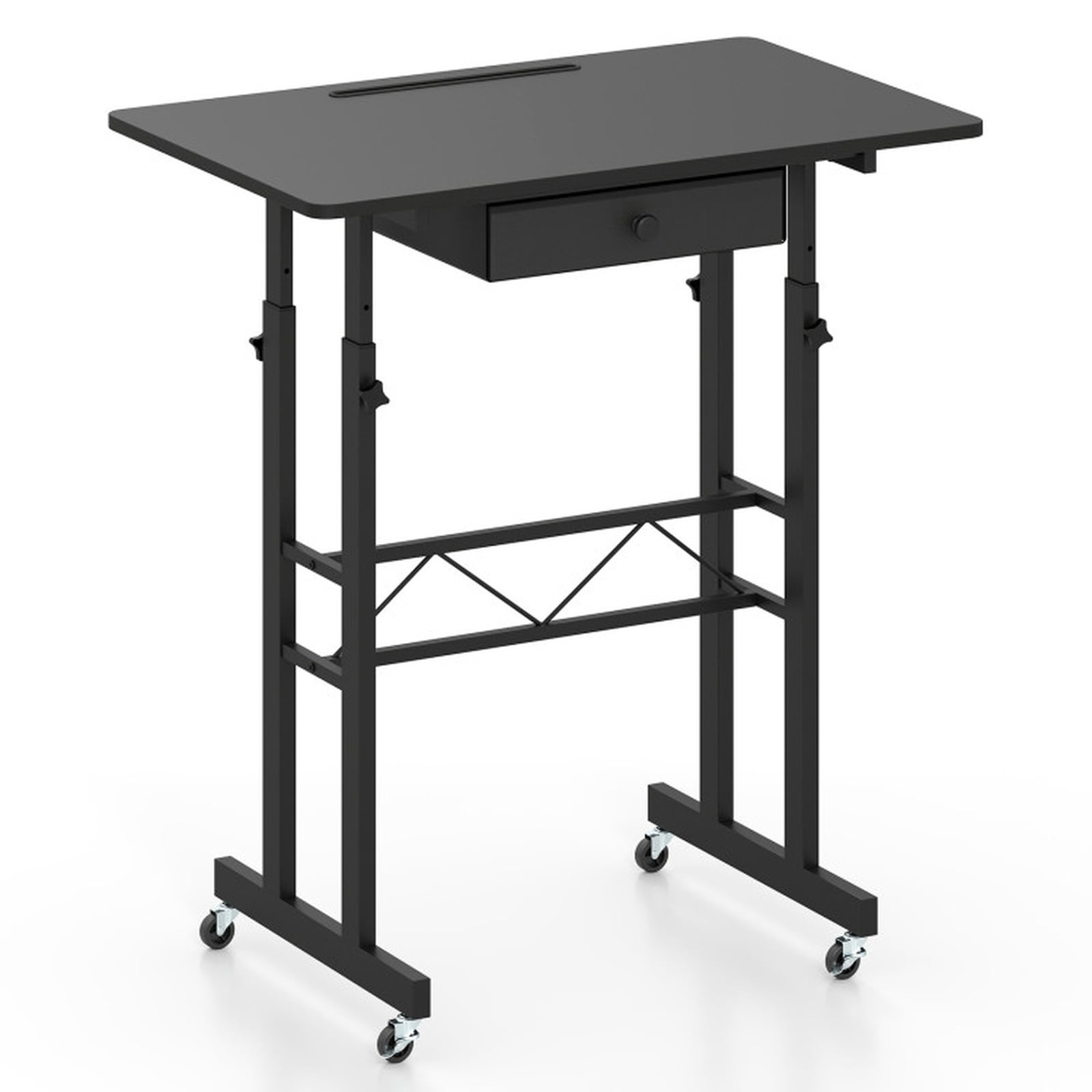 Furnibear Height Adjustable Standing Laptop Desk with Fabric Drawer Tablet Holder Lockable Wheels and Sit Stand Design for Home Office, Black
