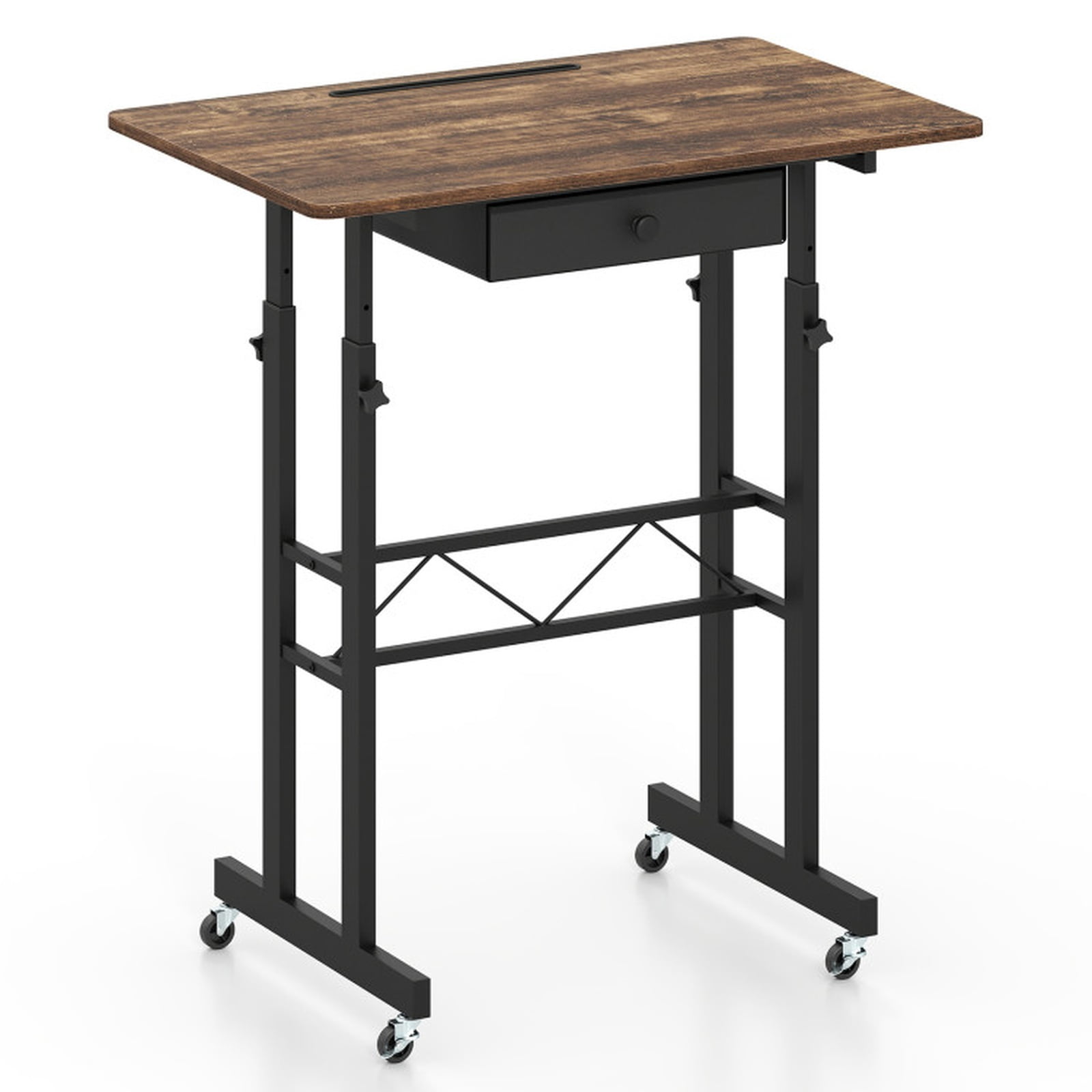 Furnibear Height Adjustable Standing Laptop Desk with Fabric Drawer Tablet Holder Lockable Wheels and Sit Stand Design for Home Office, Rustic Brown