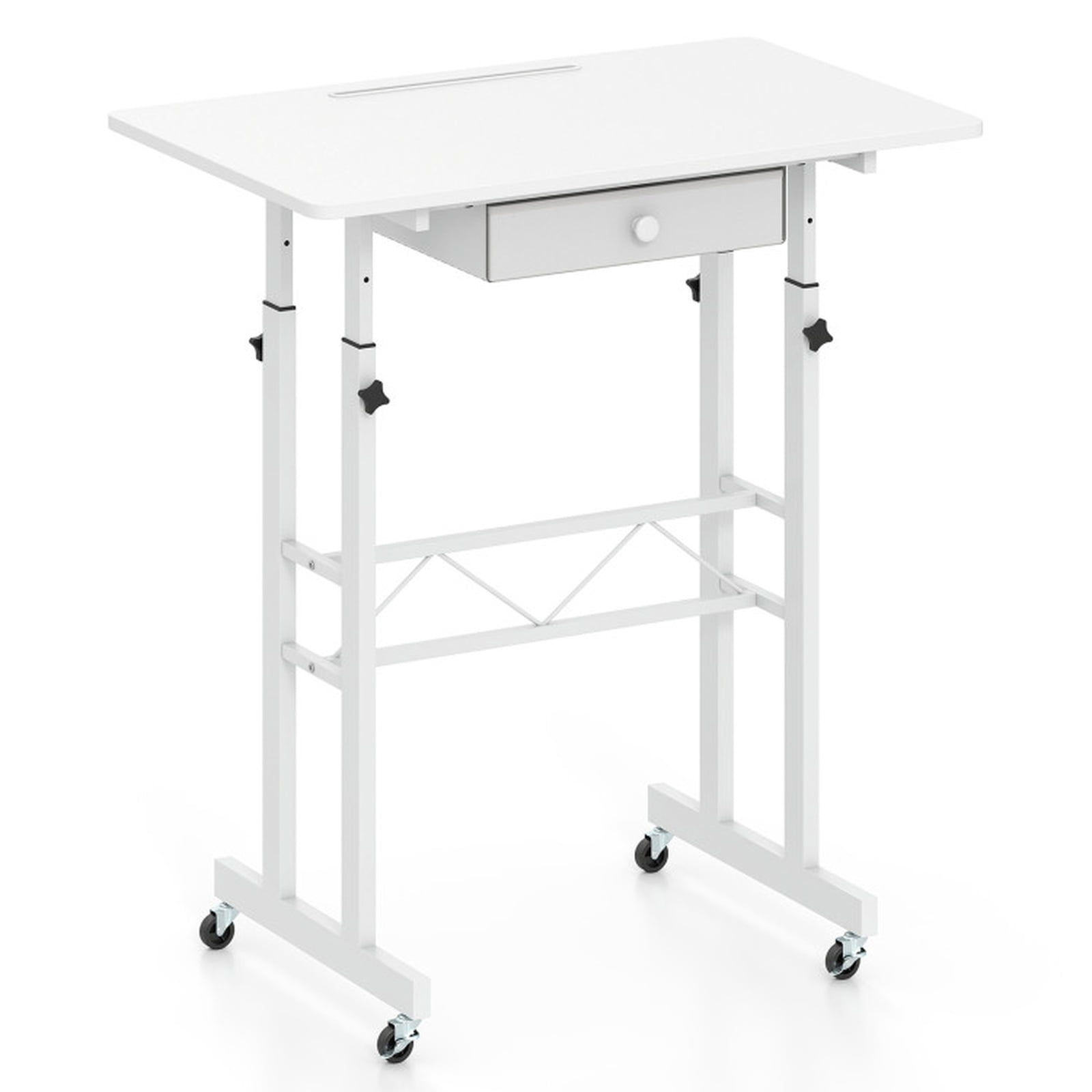 Furnibear Height Adjustable Standing Laptop Desk with Fabric Drawer Tablet Holder Lockable Wheels and Sit Stand Design for Home Office, White