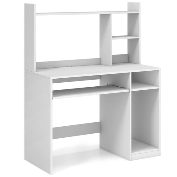 Furnibear Home Office Computer Desk with Bookcase Hutch Pull-Out Keyboard Tray and CPU Stand - White