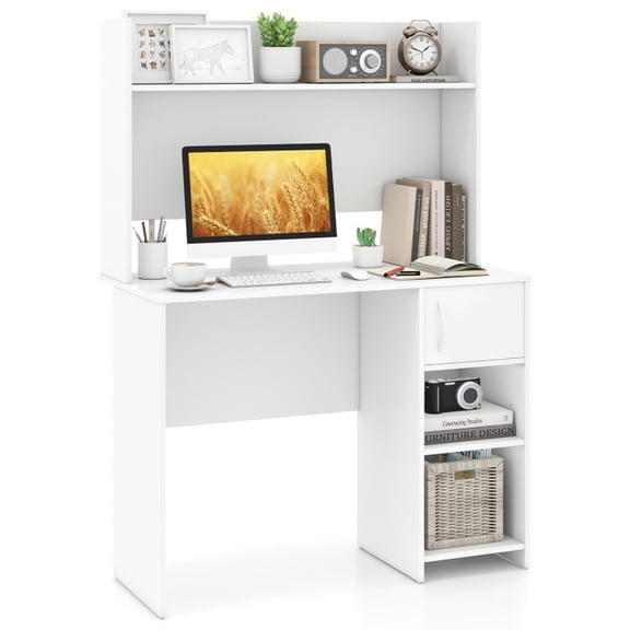 Furnibear Home Office Computer Desk with Raised Display Hutch Storage Cabinet 2 Open Shelves Adjustable Shelf MDF White