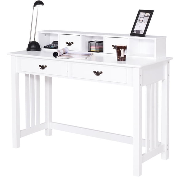 Furnibear Home Office Writing Desk with 4 Drawers Removable 2-Tier Hutch Pine Wood Computer Study Table - White