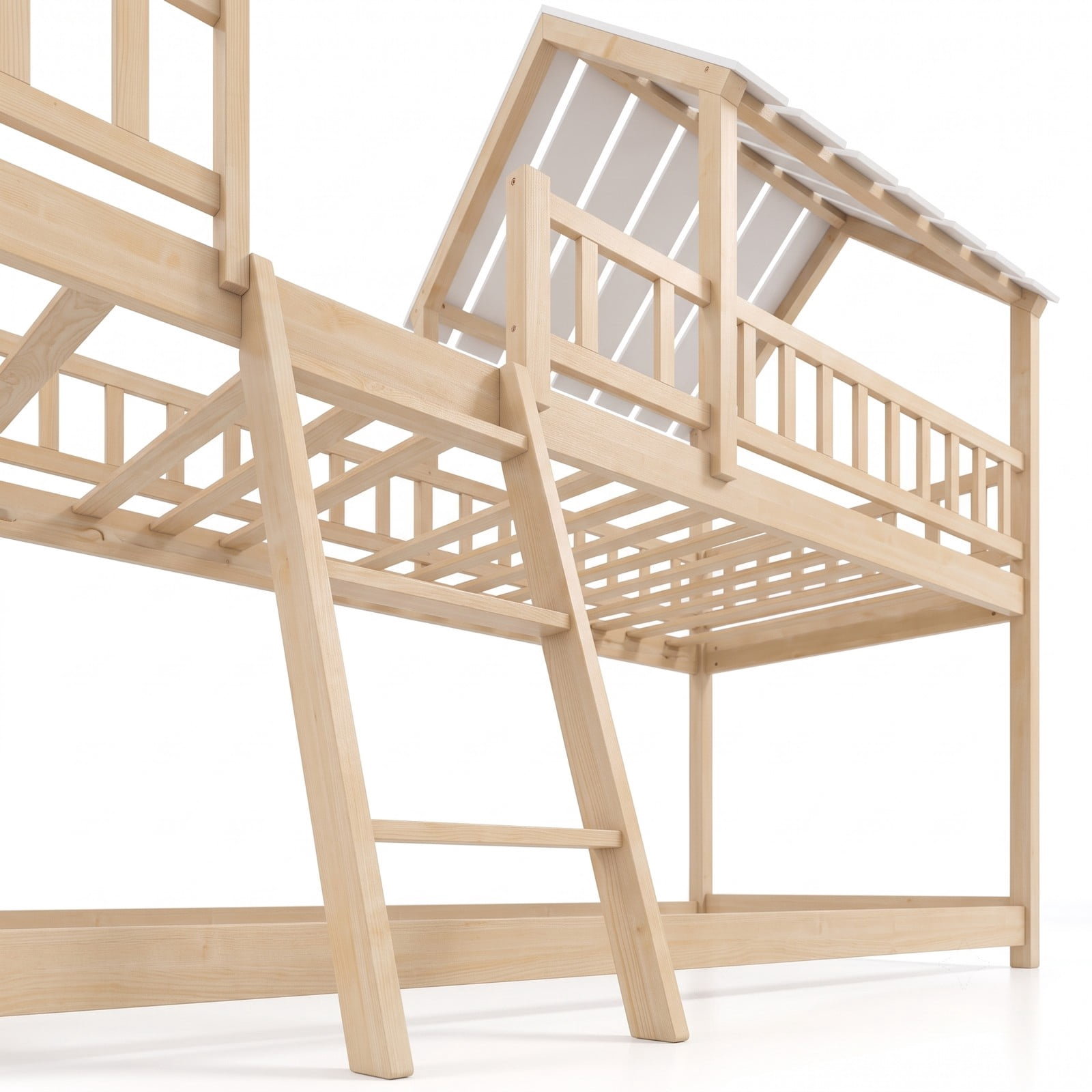 Furnibear House Bunk Bed with Roof and Full-length Guardrails Wood Low Floor Bed for Kids Teens Boys and Girls Bedroom, Natural