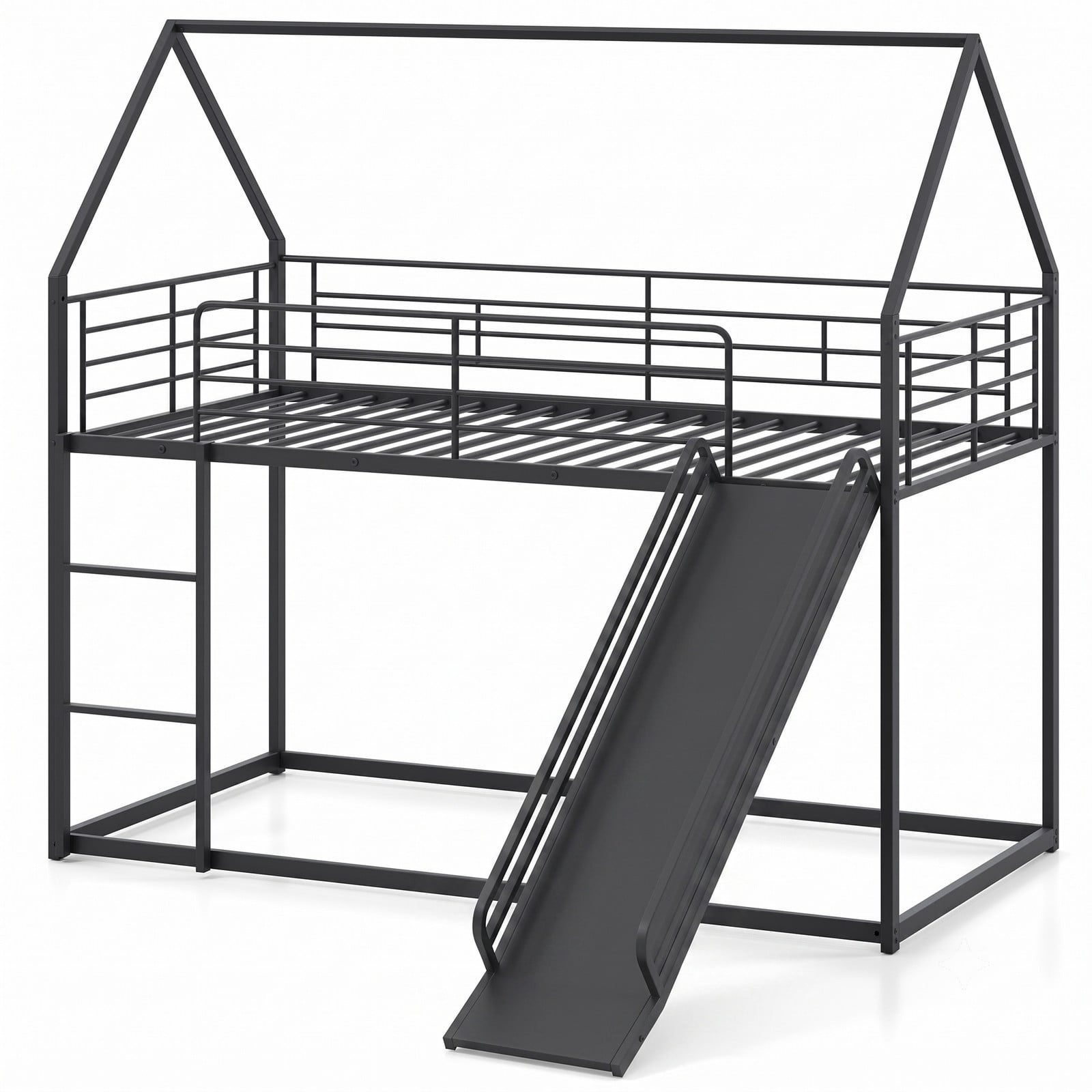 Furnibear House-shaped Twin Over Twin Metal Low Bunk Bed with Slide Ladder and Full-length Guardrails for Kids Rooms, Black