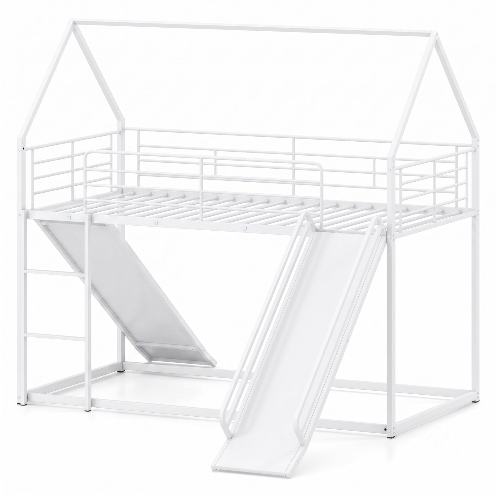 Furnibear House-shaped Twin Over Twin Metal Low Bunk Bed with Slide Ladder and Full-length Guardrails for Kids Rooms, White