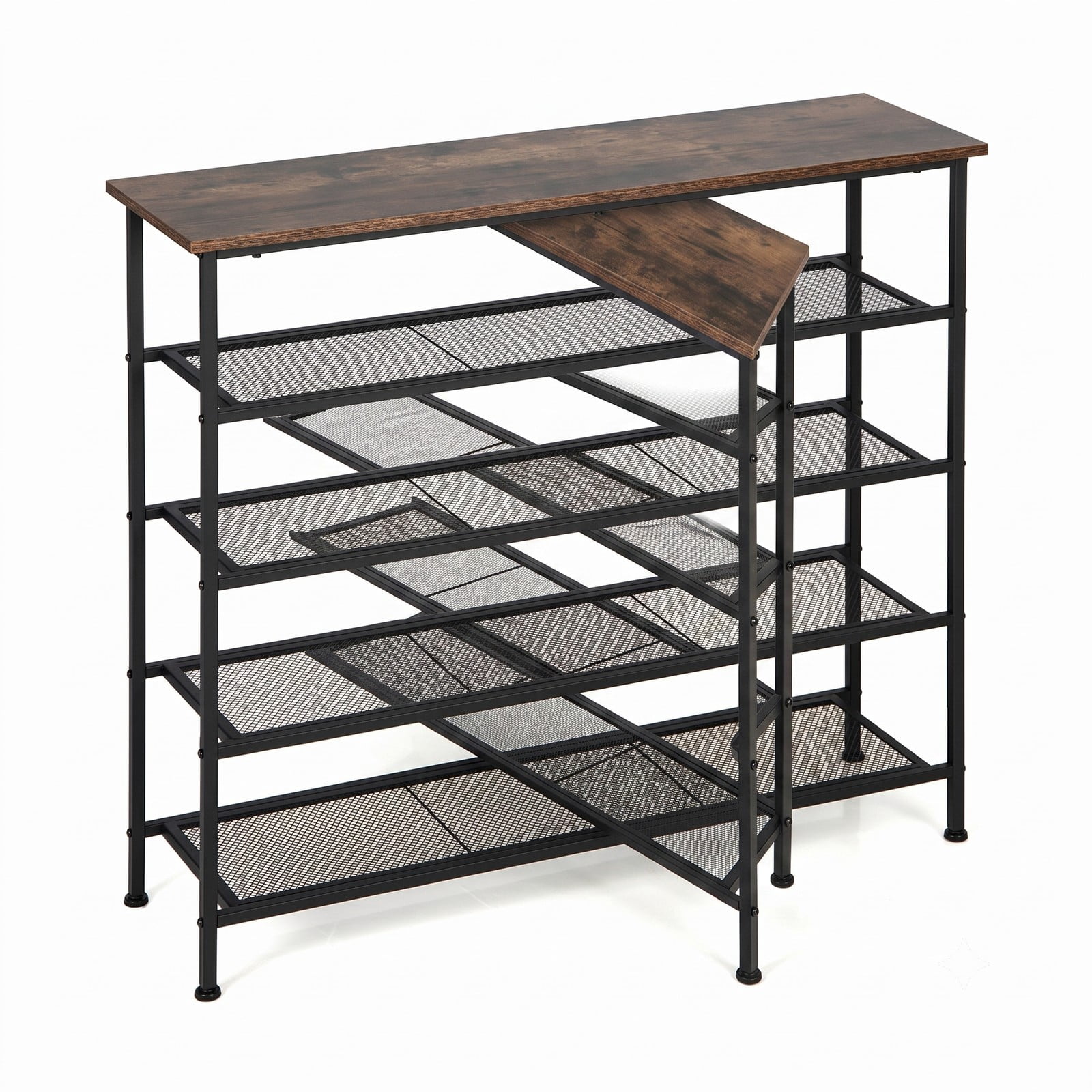 Furnibear Industrial 5-Tier Metal Shoe Rack with Wood Top and Adjustable Feet for Entryway Hallway and Bedroom, Rustic Brown