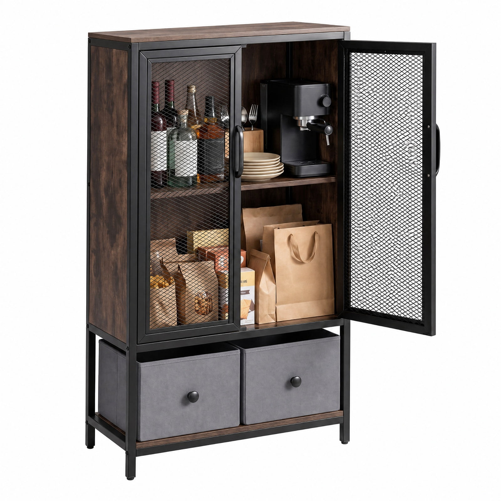 Furnibear Industrial Coffee Bar Cabinet with 2 Tier Open Shelves and 2 Cloth Drawers for Home Kitchen Coffee Station Storage, Rustic Brown